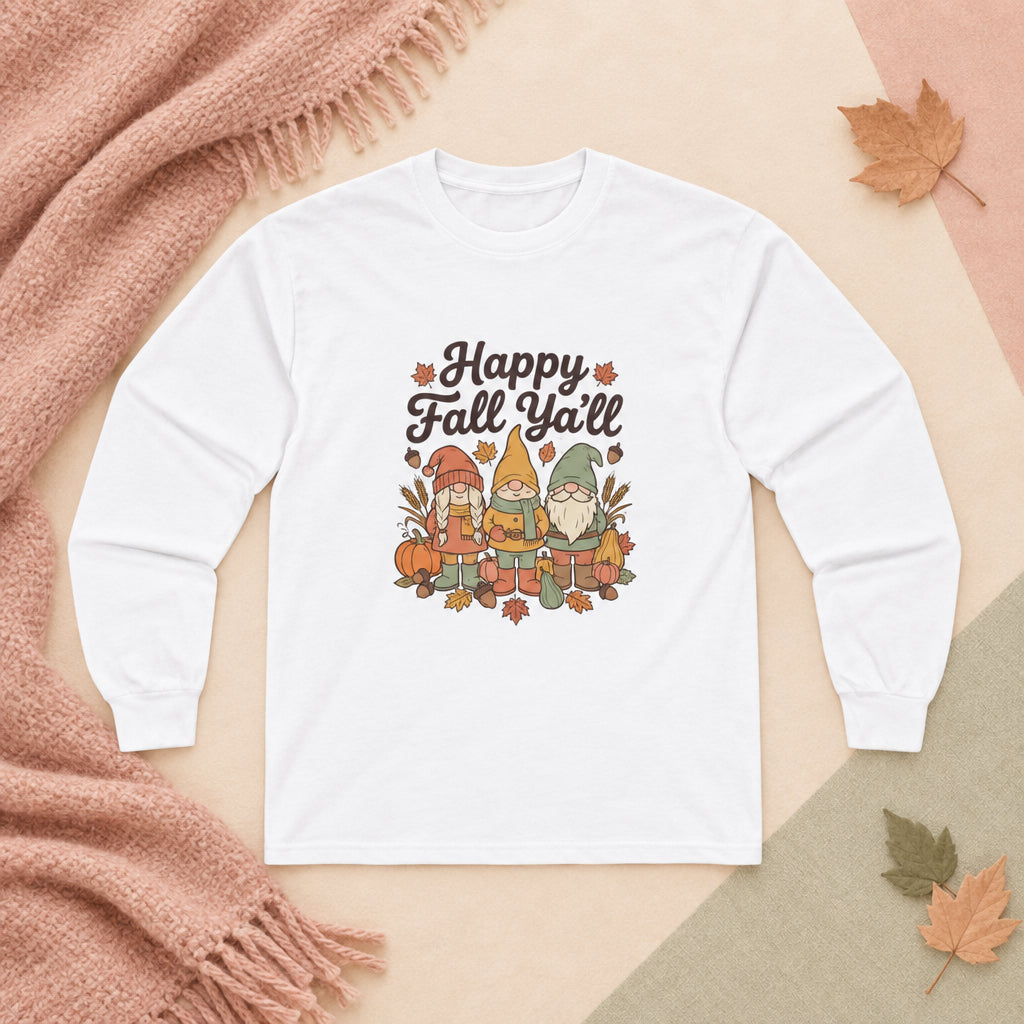 Happy Fall Y’all gnome long sleeve tee in White