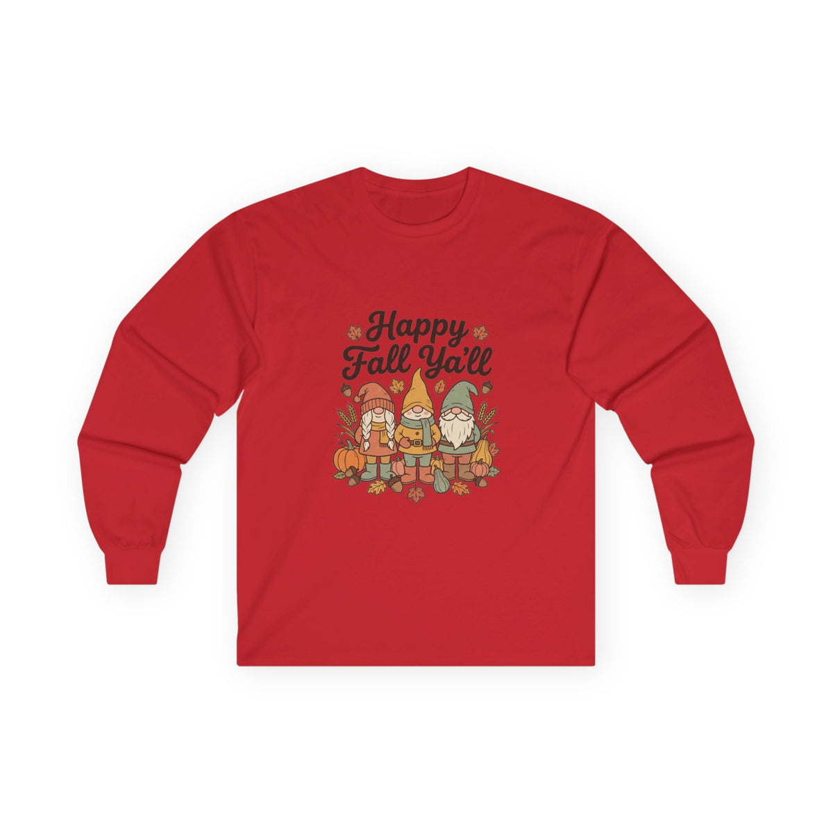 Happy Fall Y’all gnome long sleeve tee in Red