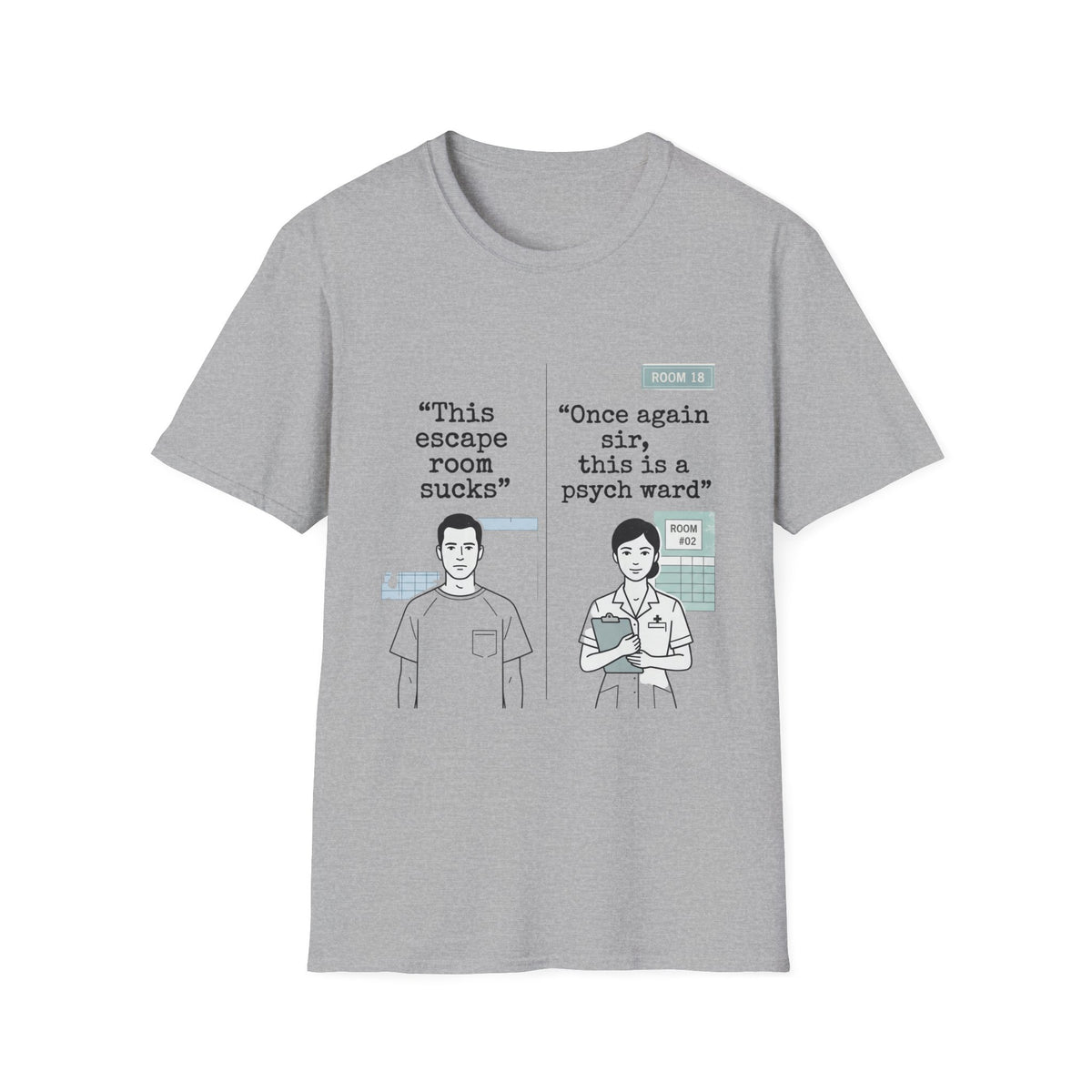 This Escape Room Sucks comic tee in Sport Grey