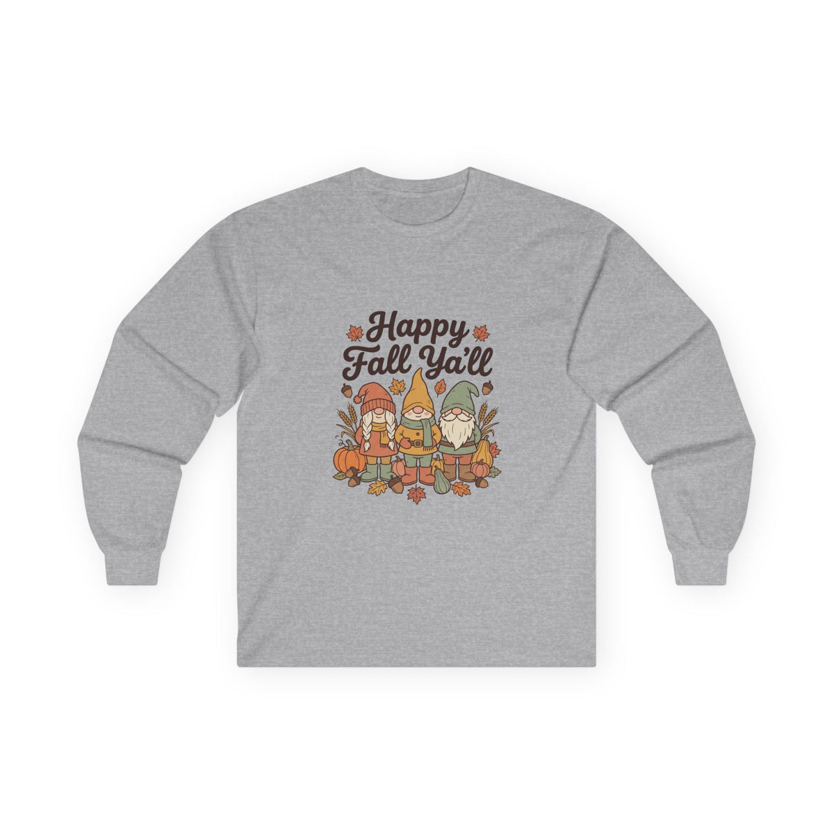 Happy Fall Y’all gnome long sleeve tee in Sport Grey